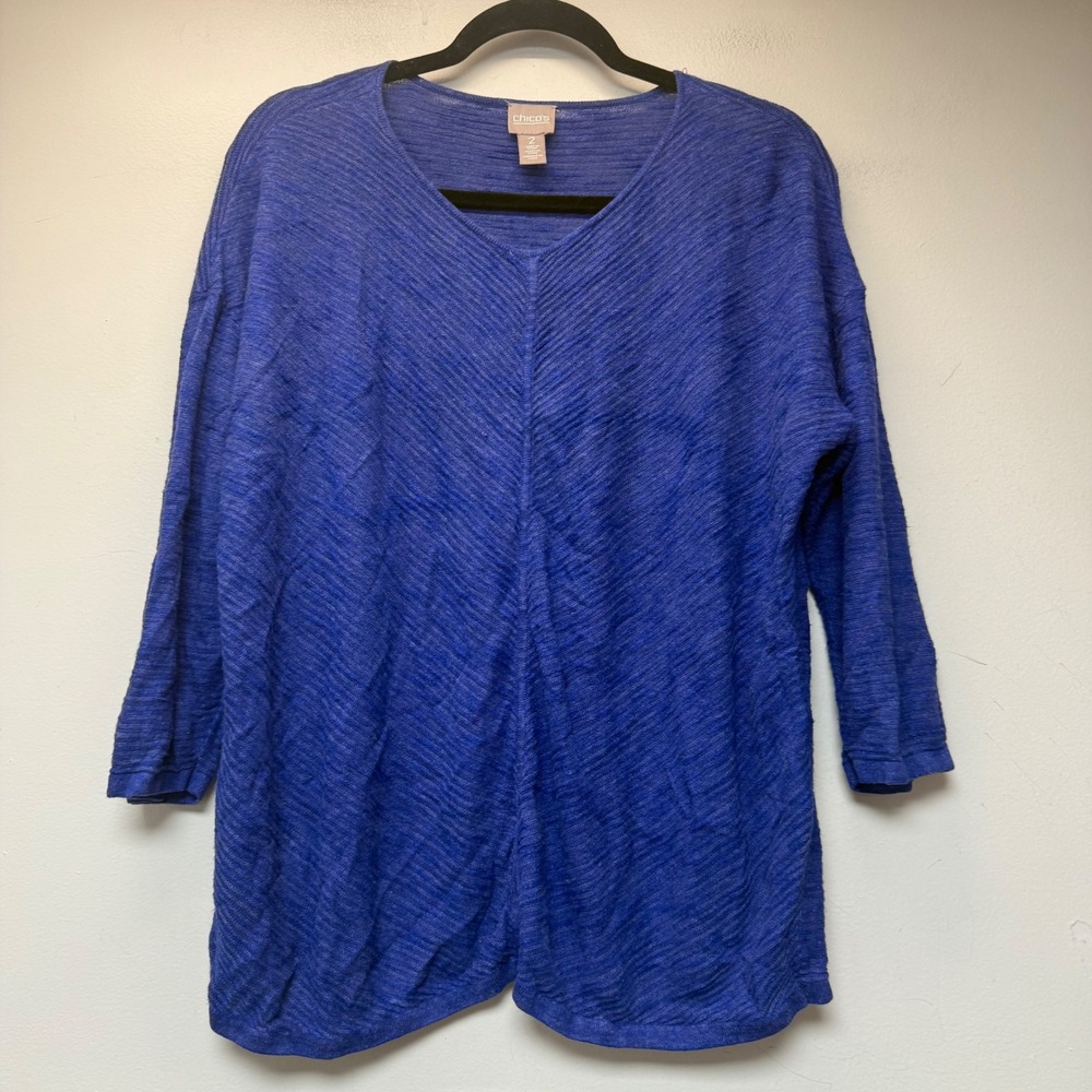 Chico's‎ Tunic Sweater Womens 2 Large Blue Excellent Linen Blend 3/4 Sleeve